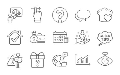 Lawyer, Eye laser and Love cooking line icons set. Secret gift, Calendar and Quick tips signs. Chemistry lab, Salary and Question mark symbols. Graph, Touchscreen gesture and Talk bubble. Vector