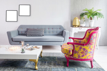 modern stone wall luxury living room and modern lamp, interior design