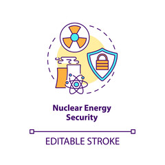 Nuclear energy security concept icon. Energy security type idea thin line illustration. Reliable power source. Malicious acts detection. Vector isolated outline RGB color drawing. Editable stroke