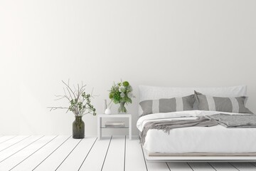 Soft color bedroom interior. Scandinavian design. 3D illustration