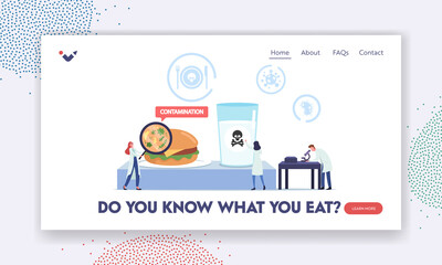 Contaminated Poisoned Food Landing Page Template. Tiny Doctors Characters with Huge Magnifier and Microscope Research