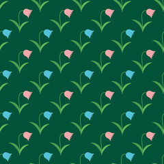 Pink and blue bell flowers on dark green background. Forest flowers pattern.