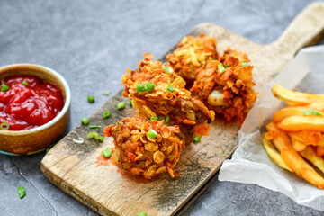 
 Crispy  deep fried   chicken 
 wings with cornflakes , ketchup and french fries . Breaded  with cornflakes chicken   wings. Junk fast food