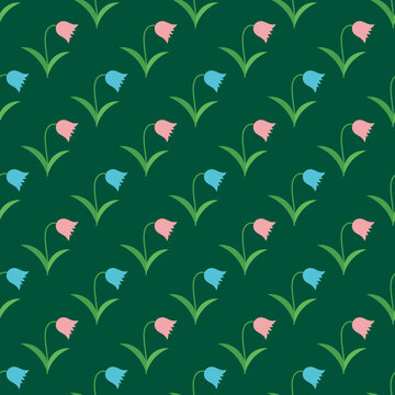 Pink and blue bell flowers on dark green background. Forest flowers pattern.
