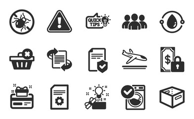 Education idea, Loyalty card and File settings icons simple set. Washing machine, Cold-pressed oil and Delete order signs. Private payment, Bed bugs and Insurance policy symbols. Vector