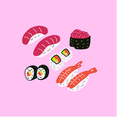 Set of different sushi and Japanese food doodles. Cute details, flowers teapot and ingredients.