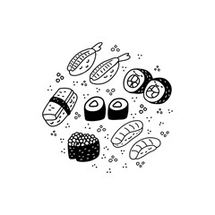 Set of different sushi and Japanese food doodles. Cute details, flowers teapot and ingredients.