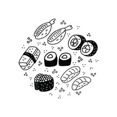 Set of different sushi and Japanese food doodles. Cute details, flowers teapot and ingredients.