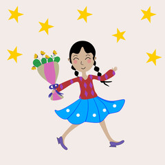 The girl running with joy  In the hand holding a bouquet of flowers  Surrounded by stars