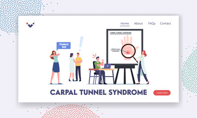 Fototapeta na wymiar Carpal Tunnel Syndrome Landing Page Template. Characters Suffer of Median Nerve Compression in Wrist after Working on Pc