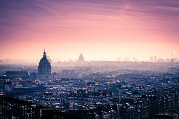 Paris skyline at sunrise, France. View from the Eiffel tower