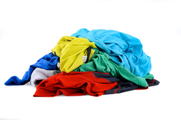 Pile of colorful dirty cloths for laundry isolated on white background.