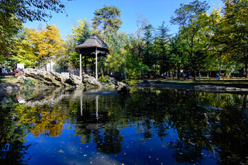 Landscape with the small lake and green and yellow trees in Ion Voicu Park, also known as Ioanid...