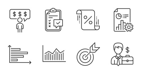 Money diagram, Loan percent and Businessman case line icons set. Horizontal chart, Employee benefits and Checklist signs. Target, Report symbols. Quality line icons. Money diagram badge. Vector