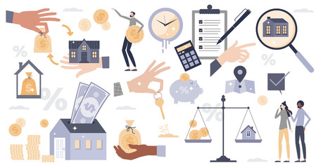 Mortgage house payments and home sale elements collection tiny persons set. House purchase, real estate property financial agreement and family building rent items vector illustration. Loan banking.