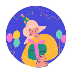 Naklejka premium Happy girl holding Gift box. Around decorative balloons and garlands. She Enjoying the Party. Happy Birthday Concept. Flat Vector Illustration.