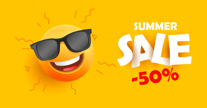 summer sale banner with smiling sun with face in sunglasses with paper sticker text and discount