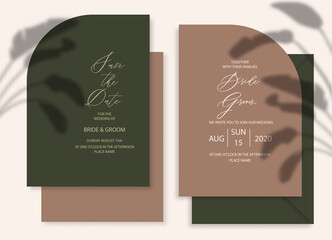 Modern wedding invitation, dark green and brown wedding invitation template, arch shape with leaf shadow and handmade calligraphy.