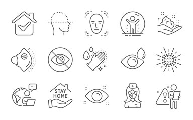 Eye drops, Medical mask and Coronavirus line icons set. Nurse, Health eye and Skin care signs. Washing hands, Face detection and Recovered person symbols. Line icons set. Vector