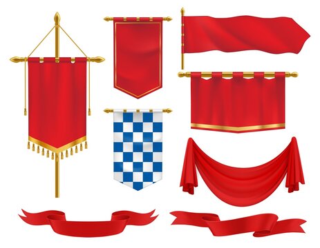Textile heraldic banners, pennants and flags 3d vector set. Medieval red ensigns on flagpole with golden tassels, chequered blue and white canvas template. Realistic flags isolated on white background
