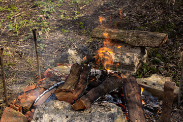 Rest in the garden in nature, preparing a fire for making a barbecue, fire from cherry wood