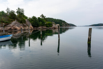 Fototapeta na wymiar Poles in the Water for Boats in a Fjord, Sweden