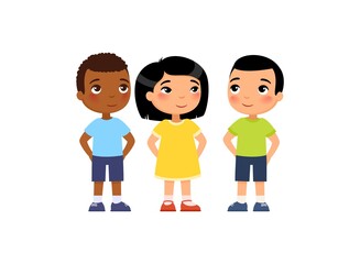 International group of young children hide their hands behind their backs. Concept of secret, surprise.  Cute cartoon characters isolated on white background. Flat vector color illustration. .