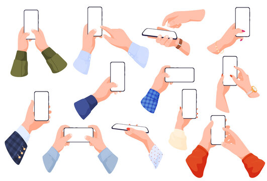 Set of smartphones in male and female hands, different positions holding phones.
