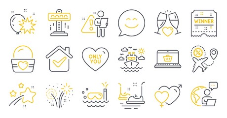 Set of Holidays icons, such as Online shopping, Only you, Ship travel symbols. Winner ticket, Bumper cars, Male female signs. Scuba diving, Ice cream, Attraction. Wedding glasses. Vector