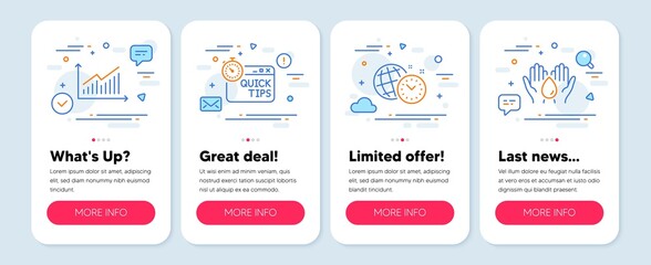 Set of Science icons, such as Time management, Quick tips, Graph symbols. Mobile screen mockup banners. Safe water line icons. World clock, Helpful tricks, Presentation diagram. Hold drop. Vector