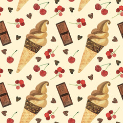 Seamless pattern - watercolor ice creams with cherry on a beige background. Product clipart. Premium dessert food, hand drawn illustration.