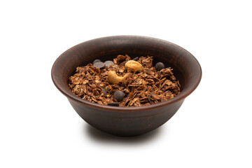 Chocolate granola cereal with nuts in a bowl background.