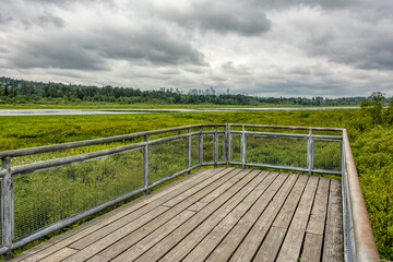 Fototapeta na wymiar Recreational deck with observation over the park of Burnaby lake