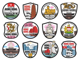 Obraz premium Hong Kong travel landmarks icons. Vector ferryboat, doubledecker tram and junk boat, Buddha, golden bauhinia flower and Hong Kong dragon, god of fortune, sea goddess and coat of arms, Buddhist temple