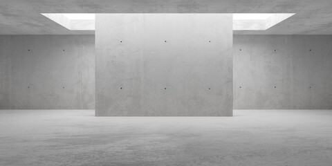 Abstract empty, modern concrete walls room with indirekt ceiling light and center wall - industrial interior background template