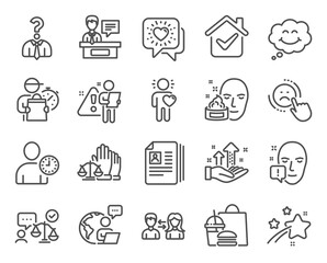 People icons set. Included icon as Hiring employees, Friends chat, Friend signs. Court jury, Analysis graph, People communication symbols. Exhibitors, Cv documents, Face cream. Smile. Vector