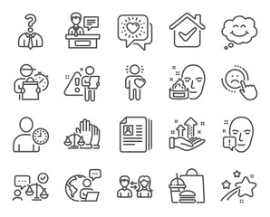 People icons set. Included icon as Hiring employees, Friends chat, Friend signs. Court jury, Analysis graph, People communication symbols. Exhibitors, Cv documents, Face cream. Smile. Vector
