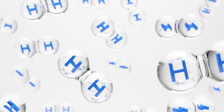 Abstract transparent hydrogen H2 molecules floating over white background, clean energy or chemistry concept