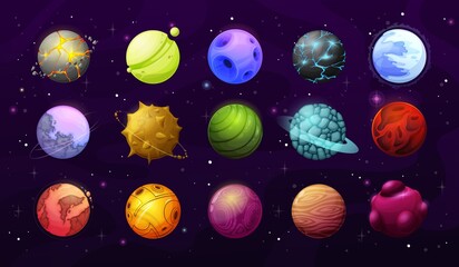 Alien planets and stars, vector fantasy space galaxy. Cartoon elements of user interface or gui, alien galaxy universe planets with surfaces of ice, craters and magma, orbit rings, asteroids, meteors © Vector Tradition