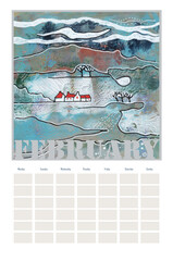 Universal calendar template with original acrylic landscape painting