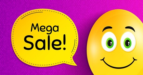 Mega Sale. Easter egg with smile face. Special offer price sign. Advertising Discounts symbol. Easter smile character. Mega sale speech bubble. Yellow egg background. Vector