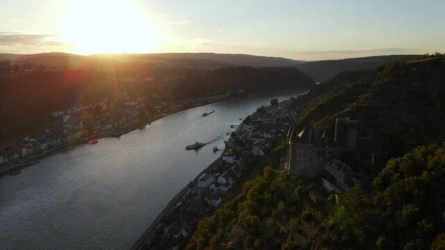Aerial drone shot of the Rhine River and Katz Castle in Germany.
