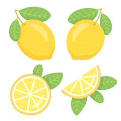 Lemon with green leaves. A whole lemon, half a lemon, a slice of lemon. Lemons icon collection. Citrus fruits, fresh fruits. Vector illustration isolated on white background. 
