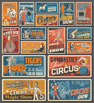 Circus funfair carnival retro posters, magic show and animals entertainment festival, vector. Vintage big top shapito circus with tiger in fire ring, strongman with illusionist on circus stage