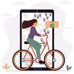 Young woman rides a rented bike around the city. Vector illustration for mobile application for rent and search of bicycles. Bike sharing, rental eco transport.