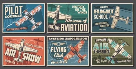 Aviation retro airplanes vector posters set. Pilot training courses, flying school and club, air show, aviation history museum banners. Vintage propeller monoplane, old aircraft flying in sky - obrazy, fototapety, plakaty