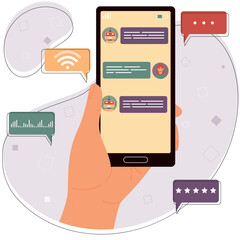 Hand holds a smartphone with an illustration of a chat bot dialogue with a person. Robot assistant, online customer support, artificial intelligence. Modern vector illustration