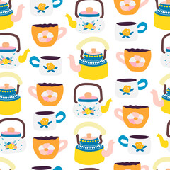 Tea time kitchenware bright  vector seamless pattern. Hand-drawn cups and teapots with different design