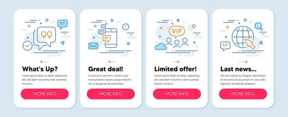 Set of line icons, such as Vip clients, Communication, Quote bubble symbols. Mobile screen mockup banners. Internet line icons. Exclusive privilege, Smartphone messages, Chat comment. Vector