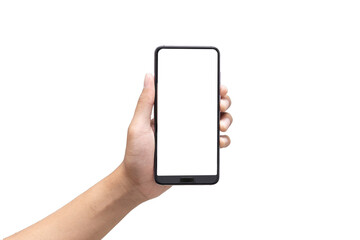 Hand holding mobile phone with blank screen on white background. Isolated.